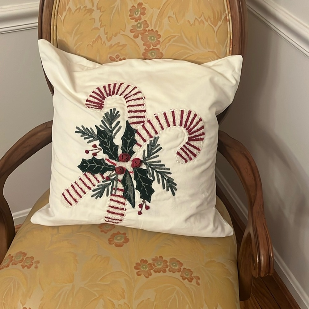 Pottery Barn Candy Cane Embroidered Pillow